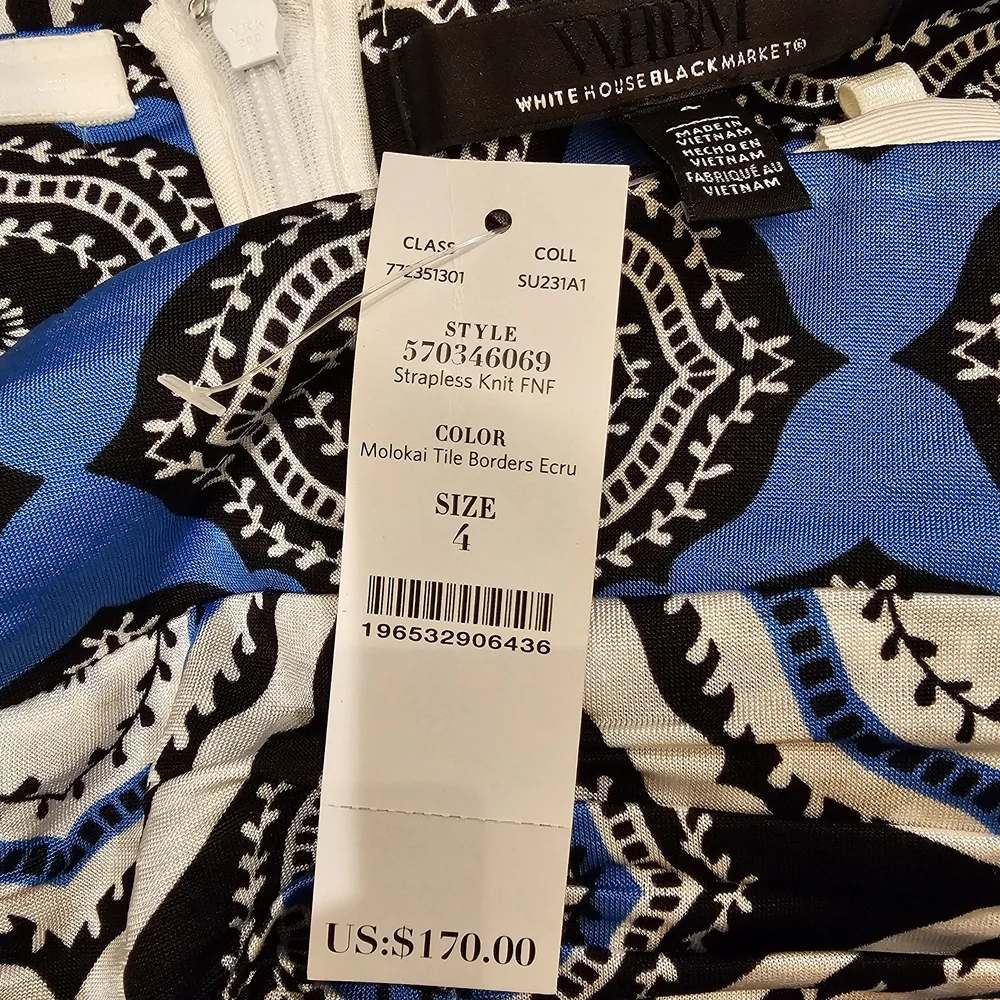 NWT White House Black Market Strapless Midi Dress, Blue, White, Black - Picture 2 of 8